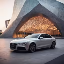 the white audi s5 is parked outside a building