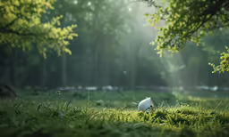 a bird in the middle of some grass under a tree