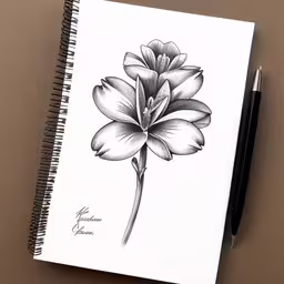 a drawing of a flower on paper,a drawing of a lily on a note book