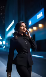 a woman in a black suit talking on her cellphone