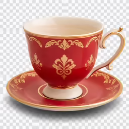 a teacup on a saucer with a gold decoration