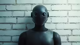 a person in a full body black suit, with small black circles on their eyes