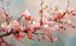 a tree with pink and orange flowers is blowing in the wind