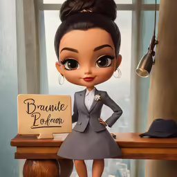an animated photo of a young girl with big eyes in a business suit and heels