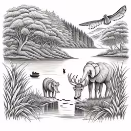 an animal and two birds stand near the water,an elephant and bear are near the water
