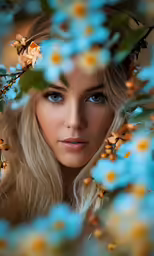 a close - up portrait of a woman with long blond hair and blue eyes