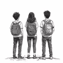 three children with backpacks looking at a black and white photo
