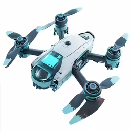 a white and blue remote controlled helicopter with black propeller