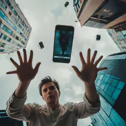 a man holding a phone up and some buildings