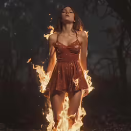 a woman standing in front of fire with her eyes closed