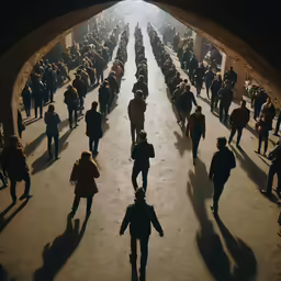 many people walk through the middle of an alley in the city