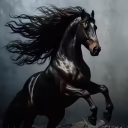 a black and white horse standing in the water