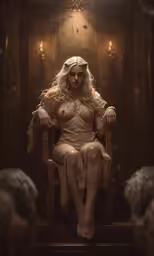 a beautiful blonde woman in a white dress is sitting on a chair