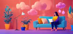 a woman sitting on a sofa reading a book,woman sitting on couch in room with colorful decorations