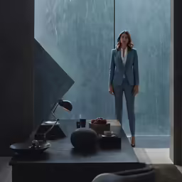 a woman standing next to a table in front of glass