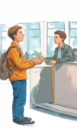 two men standing at a counter giving something