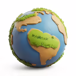 a blue and green globe is adorned with writing