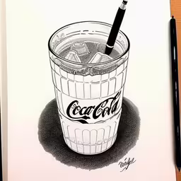 a drawing of a glass with ice and coke,a drawing of a coke cup with a cigarette sticking out of the lid