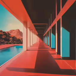 a long hallway with multiple blue windows, an orange wall and a water pool with a mountain in the distance