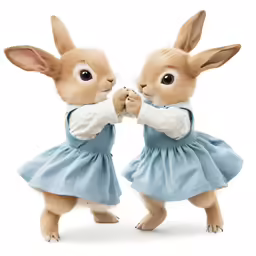 two little bunnies in dresses are performing together