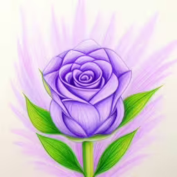 a simple drawing of a single purple rose,a picture with colored pencils on it of a purple flower,colored pencil drawing of a flower,a drawing of a rose on a white paper,a drawing of a purple rose with green leaves on it