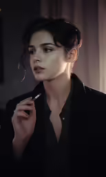 a woman wearing a black shirt is holding a cigarette