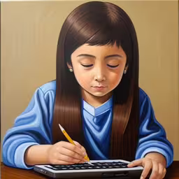 a painting shows a girl with long brown hair writing and using a calculator