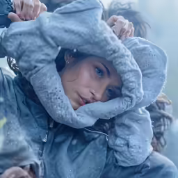 two people in hooded jackets and one is holding up the hood