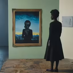a person standing in front of a painting and looking at it