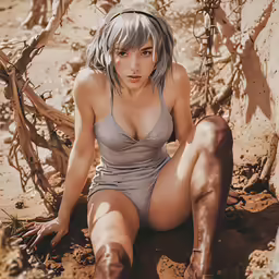 sexy woman with shaved hair sitting in the dirt outdoors