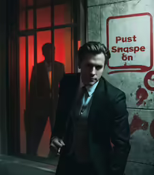 a man in a suit walking away from a sign