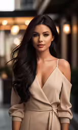 a woman wearing an off - the - shoulder beige dress with long hair