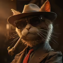 a cat is dressed up like a person in a suit and tie with a hat, glasses and tie