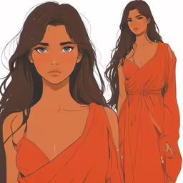 an animated girl with dark hair in an orange dress