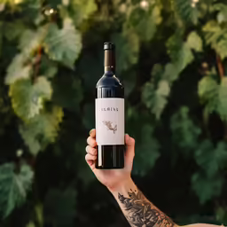 a man holding a bottle of wine in front of a bush