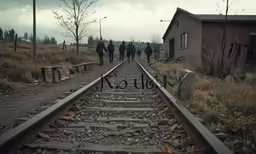 a group of people walking along a train track near a building
