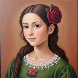 a painting of a girl with long hair and a red rose on her head,a portrait of a girl with a rose in her hair