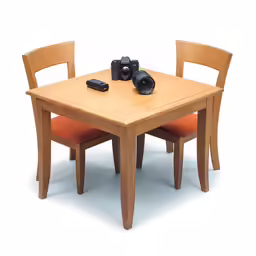 a wooden table with two orange chairs and two cameras on it