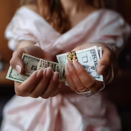 two female hands holding stacks of money