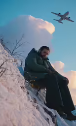 man on the edge of mountain with airplane in background