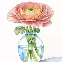 a watercolor painting of flowers in a glass jar,a watercolor painting of a pink flower with green stems
