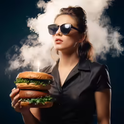 a woman holding a large sandwich and sunglasses