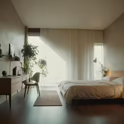 a clean bedroom with a view out of the window