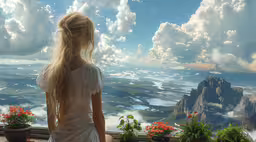 the beautiful girl in white is overlooking mountains and trees,a girl in a white dress looking out on the mountains