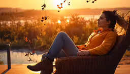 a woman is sitting in an outdoor chair with fall leaves,woman sitting on a chair with the sun behind her