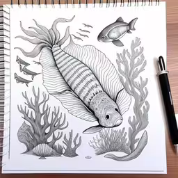 a drawing of a fish swimming next to an ocean life,a pen drawing of a zebra fish surrounded by sea life