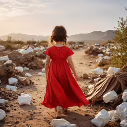 a young child walking through bags of garbage on a dirt path