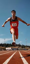 the man is jumping in the air with his feet up