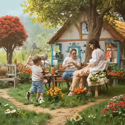 two people and a child are playing with an old fashioned doll house