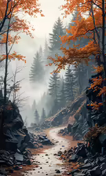 a stream running through the woods by some rocks